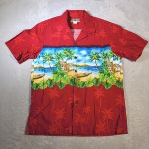 Blue Hawaii Aloha Shirt Mens Medium Red Tropical Beach Scene Cotton Made Hawaii